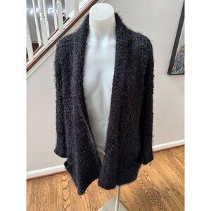 MUCHE & MUCHETTE Fuzzy Faux Fur Eyelash Black Open Cardigan Sweater OS